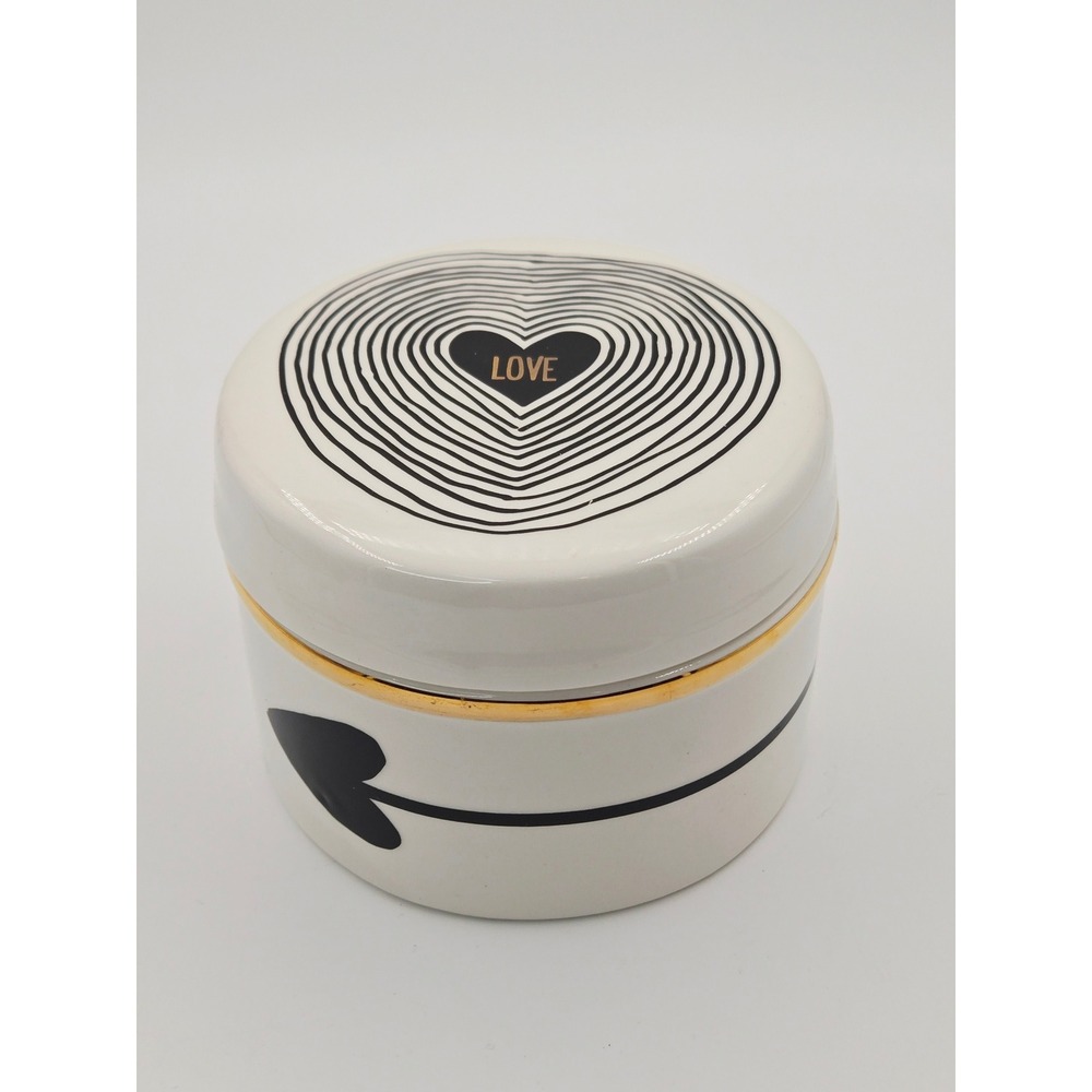 Ceramic Heart Love Arrow Trinket Box White Black Gold Round Jewelry Jar Lid